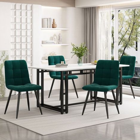 Ensemble Table et Chaises 140 x 80 cm 4 Chaises plateau noir chaises en velours vert foncé structure en fer noir (1/5)