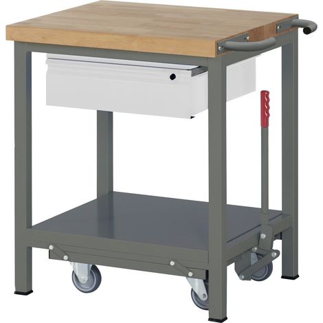 STIER Werkbank Premium, mit abs. Fahrgestell, 1 Schublade, 75x70x88cm, Stahl & Buche