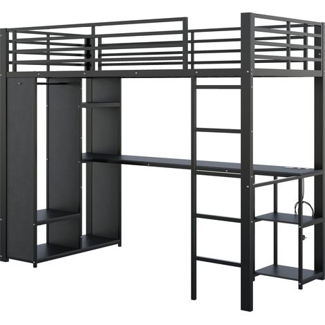 Hochbett 90 x 200 cm Metall MDF Schwarz mit Schreibtisch LED Regal und Kleiderschrank (1/5)
