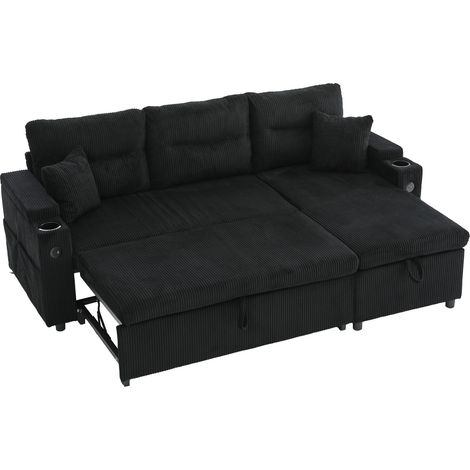 Canapé 3 places convertible en velours côtelé noir avec coffre, USB-C, méridienne hydraulique et lit tiroir 2 places, gain de place pour salon moderne – CHICFURN (1/5)