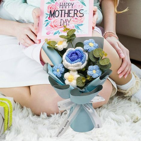 Bouquet de fleurs au crochet, tricoté à la main, décoration intérieure, cadeau pour la fête des mères.bleu (1/5)
