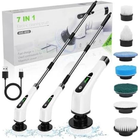 Electrique Nettoyage Rotative, Brosse de Electrique, sans Fil avec 7 Têtes Brosse, Remplaçables Poignée d'extension Réglable, pour Salle Bain Cuisine Electric Spin Scrubber Style A- - (1/5)