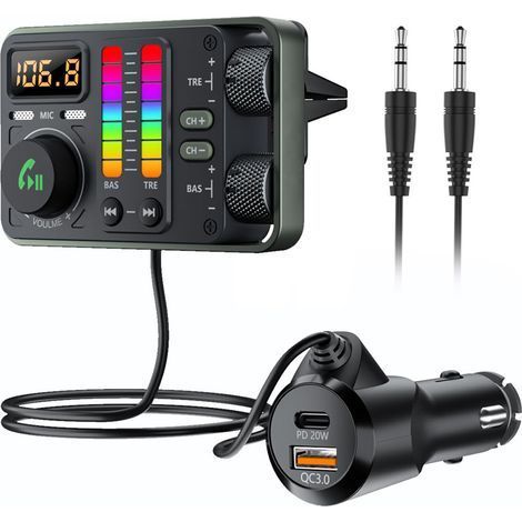 Bluetooth-Autoradio-Transmitter (5.3 GHz). Hi-Fi-Lautsprecher mit Höhen- und Bassregelung. PD20W-Schnellladegerät (QC18W). Autoradio-Adapter (1/5)