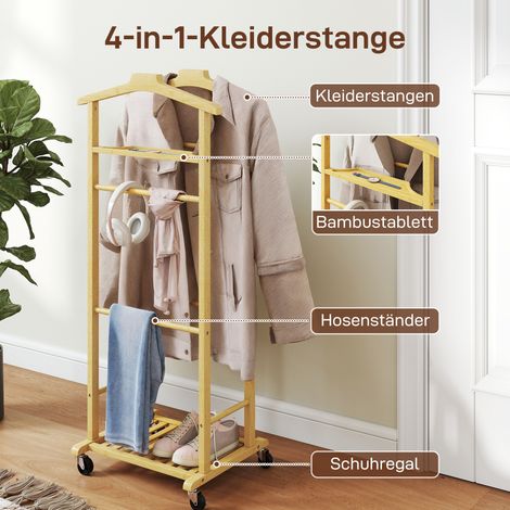 Kleiderständer mit Rollen, Garderobenständer mit doppelten Bambusstangen, Schuhregal, Ablagefach, Hosenbügel. (1/5)