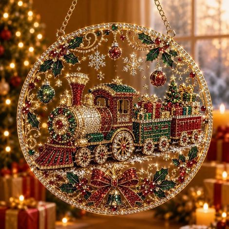 Nouvelle peinture diamant acrylique attrape-soleil de Noël - Train de Noël - 15 cm