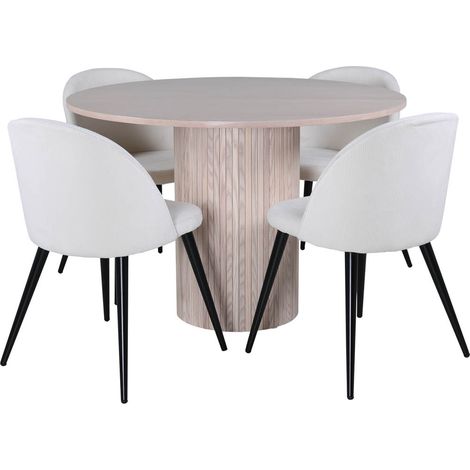 BiancaROWW ensemble table, table chêne plaqué blanc washed et 4 Velvet chaises Velours côtelé beige, noir.