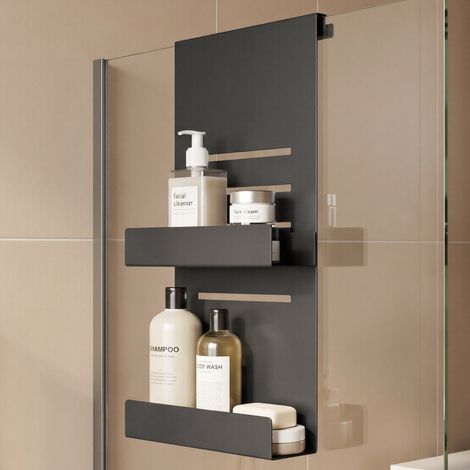 doporro Étagère Douche à Suspendre, Étagère Salle de Bain Noir Sablé à 2 Niveaux avec 3 Crochets,  Support Douche sans Perçage, pour Paroi de Douche, Oryne-01