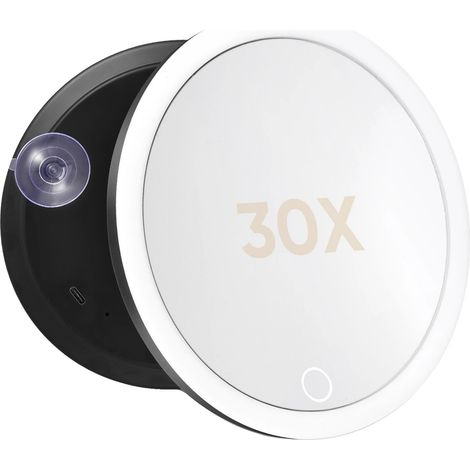 Espejo con lupa, aumento de 30x, luz LED regulable, color plata. (1/2)