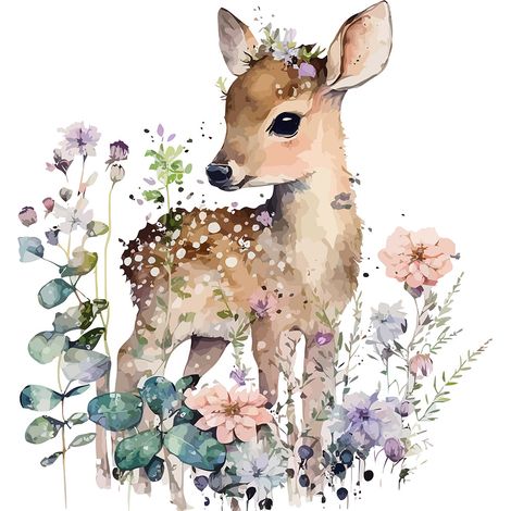Papier peint panoramique Enfants - Faon fleurs - 130 cm x 84 cm (1/2)