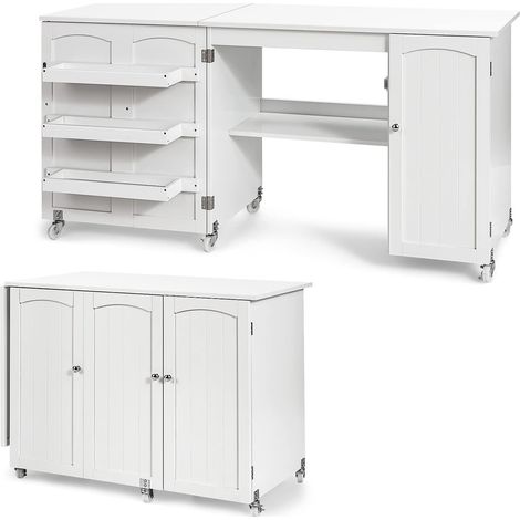 COSTWAY Mesa Plegable de Costura, Mesa versátil abatible para Manualidades con Superficie Amplia, Escritorio para Ordenador con Ruedas bloqueables (Blanco) (1/5)