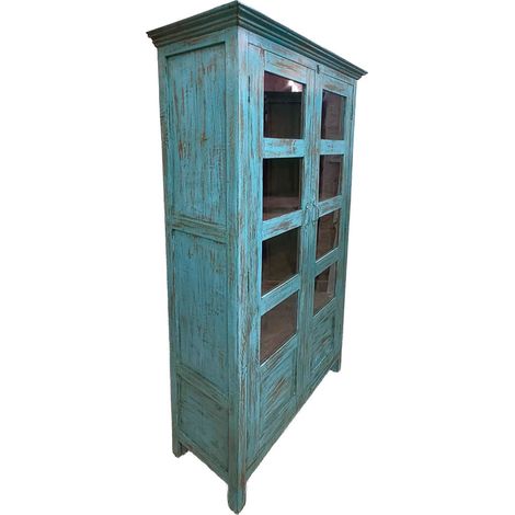 Vitrina de madera acabado artesanal azul 110x45x180h cm