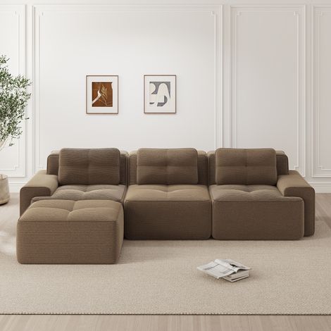 Canapé d'angle nuage en velours côtelé marron, ensemble modulaire 3 places avec pouf, sans outil, forme L pour salon