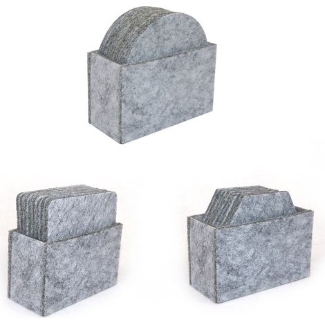 Lot de 24 sous verres en feutre avec boîte de rangement formes carrée ronde et hexagonale isolants thermiques absorbants résistants à la chaleur et antidérapants pour table et cuisine couleur grise (1/5)
