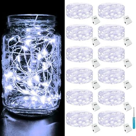 Lot de 12 Mini Guirlande LED à Pile, 2M 20LED 3 Modes Guirlande Lumineuse Pile, IP65 Étanche Petite Guirlande Lumineuse Led Interieur Décoration pour Jardin, Chambre, Mariage, Fête, Noël, Blanc Froid (1/5)