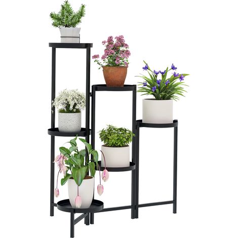 Blumentopfständer, Pflanzenständer mit 6 verstellbaren runden Ebenen, Eckständer für Pflanzentöpfe, Metall, Schwarz