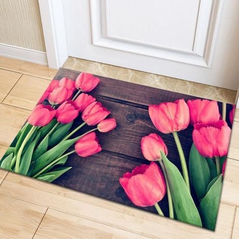 Eingangsmatte 50x80 cm, rotes Tulpenmuster auf braunem Hintergrund, rutschfest, modernes Design für den Innenbereich.
