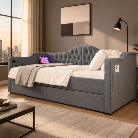 Tagesbett gepolstert 90x190 cm mit 2 Schubladen, USB/USB-C, grau, ohne Matratze HAVRYA (1/5)