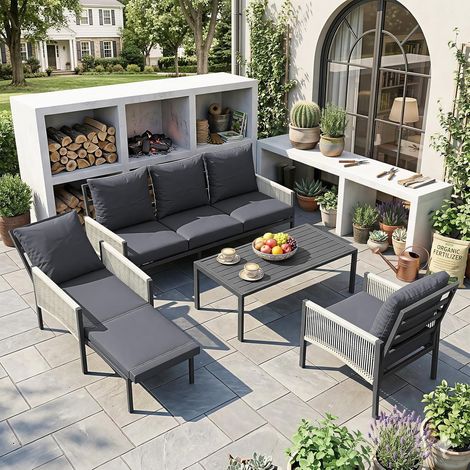 YODOLLA 5 Seater Outdoor Garden Furniture Set, Retractable Single Chair Patio Sofa with Coffee Table