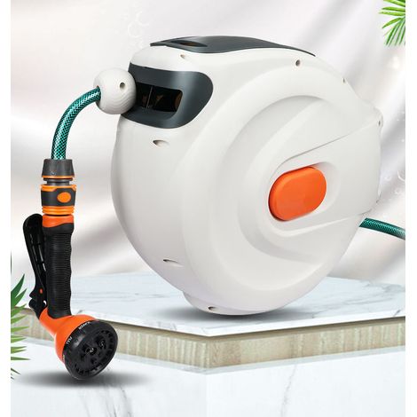 Enrouleur Tuyau Arrosage Mural Jardin 20m+1m, Devidoir Tuyau Arrosage Rétraction Automatique et Pistolet d'Arrosage 6 Buse
