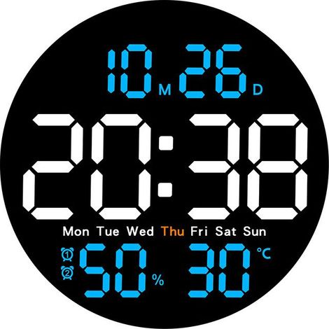 Horloge murale numérique LED, horloge de salon, affichage de la température et de l'humidité, compte à rebours, luminosité réglable, affichage de la date et du jour de la semaine, télécommande (piles (1/5)