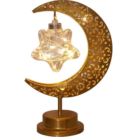 Lampe de table vintage en forme de lune et d'étoile, cadre en métal, lampe de bureau Ramadan alimentée par piles, lampe de chevet en forme de croissant de mosaïque bohème faite à la main