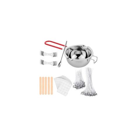 Kit de fabrication de bougies maison – 200 mèches, 1 récipient, 1 cuillère, 2 supports métalliques + 5 supports en bois pour mèches, 240 autocollants doubles faces (1/5)