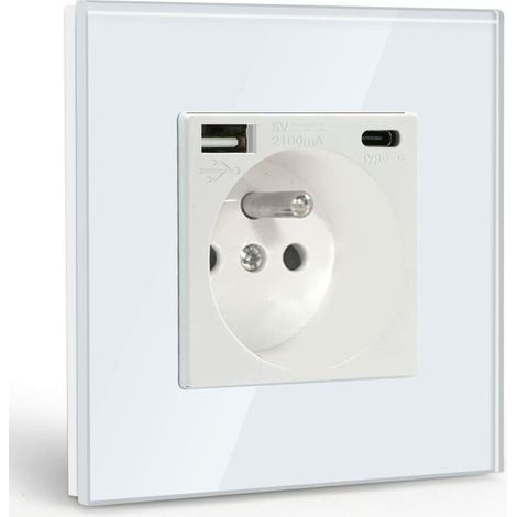 Prise Murale avec USB et 1 Type C,Blanc courant alternatif avec Panneau en verre cristal,Multiprise Murale avec USB(max2.1A),convient à la smartphone,à la tablette-LIAIKI (1/5)