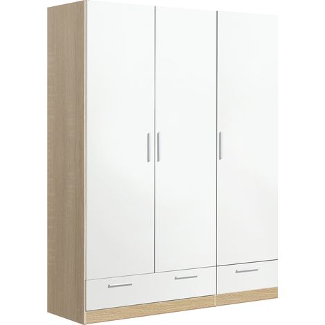 Armoire / placard de rangement de 3 portes + 2 tiroirs coloris Chêne Cambrian / Blanc - longueur 152 x profondeur 51 x hauteur 200 cm -PEGANE-