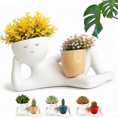 Pot de fleurs Lazy Guy Goofy 15,5/25 cm - Figurine amusante et originale pour un bureau, représentant une tête de fleur succulente mignonne en résine. (1/5)