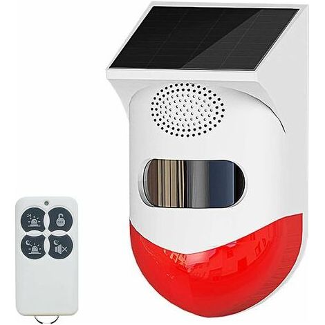 Lampe d'alarme stroboscopique solaire avec détecteur de mouvement Sirène d'alarme extérieure avec télécommande 120 dB Sirène de sécurité sonore IP67 étanche et 4 modes pour la maison, la ferme, la gra (1/5)