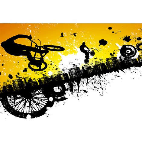 Papier peint panoramique chambre ado orange, blanc & noir | Tapisserie panoramique BMX chambre garçon | Papier peint panoramique vélo street art - 267 x 400 cm (4 pièces) (1/2)