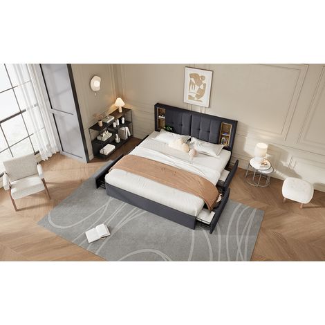 Cama con Carga Inalámbrica y USB C, 4 Cajones, 160x200cm, con Marco de Madera Gris (1/5)