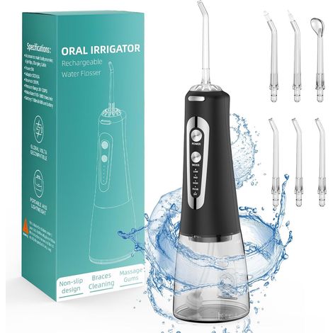 Jet Dentaire Hydropulseur Portable, Jet Dentaire Sans Fil Rechargeable avec 5 Mode set 6 Buses Capacité de 300 ML IPX7 Étanche Pour La Maison et Les Voyages (1/5)