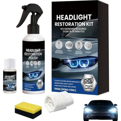 Headlight Restoration Kit Spray,Renovateur Phare Voiture,kit renovation phare voiture,No Tools Needed,Fast & Easy Headlight Cleaner & Restorer,Removes Yellowing & Oxidation,Gloss Finish,190ML (1/5)