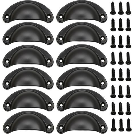 12 pièces Poignée Coquille Noir Noir Mat Poignées de Tiroir Poignées Vintage Poignée de Meuble Demi-Cercle avec Vis 81 x 35 mm pour Placard, Tiroir, Placard (Espacement des Trous de 65 mm)