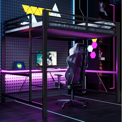 Lit mezzanine gaming 160x200 cm en métal et MDF noir avec bureau, LED, sans matelas – MEUBLIV (1/5)