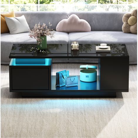 Tavolino da caffè in pannello truciolare nero lucido 100 cm con cassetto, LED e vani laterali (1/5)