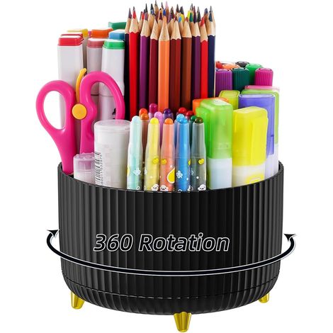 Organiseur de bureau, porte-stylo rotatif à 360°, accessoires de bureau avec 5 compartiments, rangement pour stylos et fournitures de bureau à domicile (noir) (1/5)