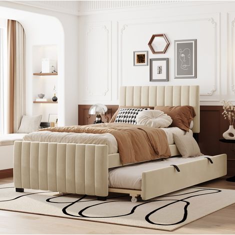 Lit 90x190 avec lit gigogne, velours beige HAVRYA (1/5)