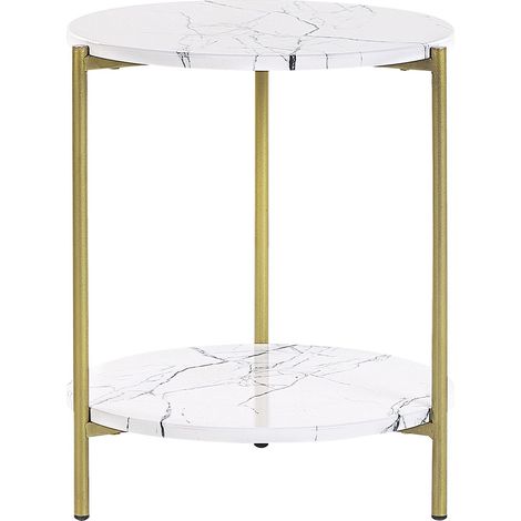 Beliani – Table d'appoint ronde effet marbre blanc et doré – Pieds en métal – Dimensions 40x40x51cm – Rangement pratique avec étagère (1/5)