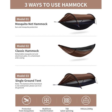 Hammock de Camping avec Moustiquaire et Bâche Imperméable Tente Suspendue Transat de Jardin Extérieur Portable avec Sangles et Piquets pour Randonnée Voyage