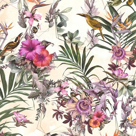 Papier peint floral violet et orange sur fond beige Tapisserie feuillage à motifs de fleurs Papier peint fleuri style tropical idéal salon (1/4)