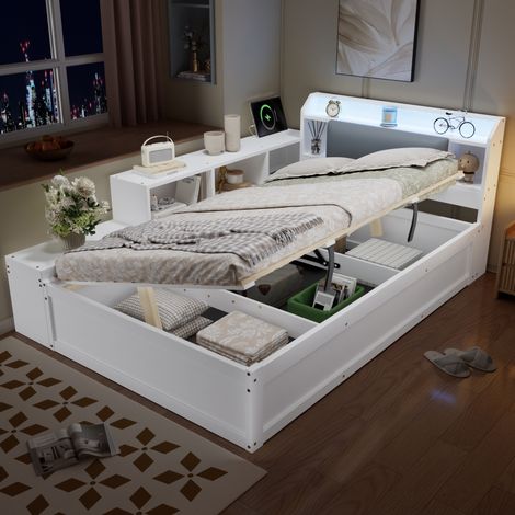 Letto contenitore idraulico 120x200 cm con LED, stazione di stoccaggio e ricarica, apertura reversibile, legno bianco (1/5)
