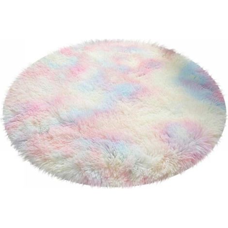 Tapis rond à poils longs et colorés, en peluche douce, idéal pour la décoration du salon et de la chambre des enfants (petites filles). Tapis multicolore (rond) (1/5)