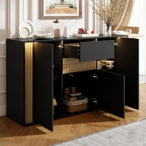Aparador/cómoda de 3 puertas con 1 cajón e iluminación LED regulable – negro con vetas de madera natural, 140×40×82cm (1/5)