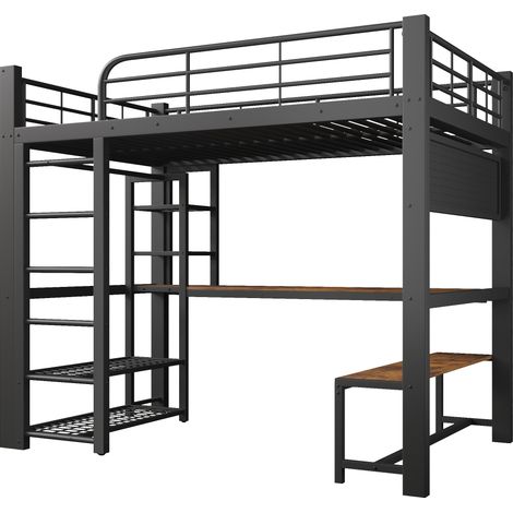 Metall-Hochbett 140x200 cm in Schwarz mit Schreibtisch und LED (1/5)
