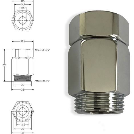 Prolunga senza foro con dado girevole 3/4"x3/4" in ottone cromato. 786507OC