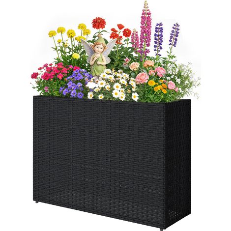 Jardinière surélevée tressée résine, support fleurs bac amovible pieds réglables, cadre acier noir