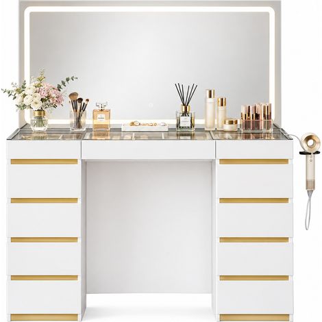 WOLTU Schminktisch mit Beleuchtung Spiegel, Steckdose und Haartrocknerhalter, Kosmetiktisch mit 11 Schubladen Glasplatte Schmuckfächern, für Schlafzimmer, Weiß+Gold