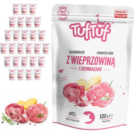 Comida húmeda para perros TufTuf, sabor cerdo y patata, 30 bolsitas de 500 g. Carne en conserva. (1/2)